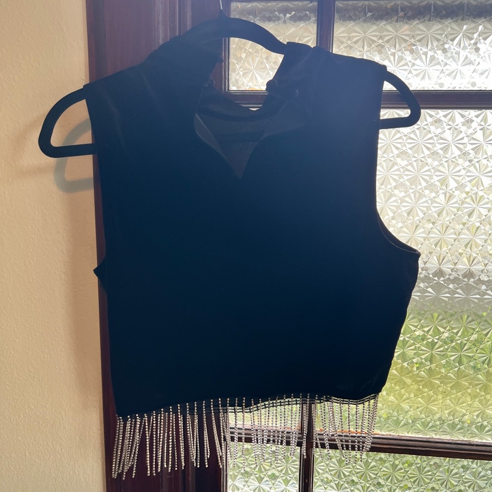 Skies Are Blue Black Velvet Sleeveless Crop Top with Rhinestone Fringe - Picture 2 of 3